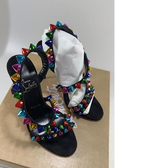 Black Rainbow Multi 100mm Spike Spikita Studded Suede Sandals E536 - Picture 3 of 12